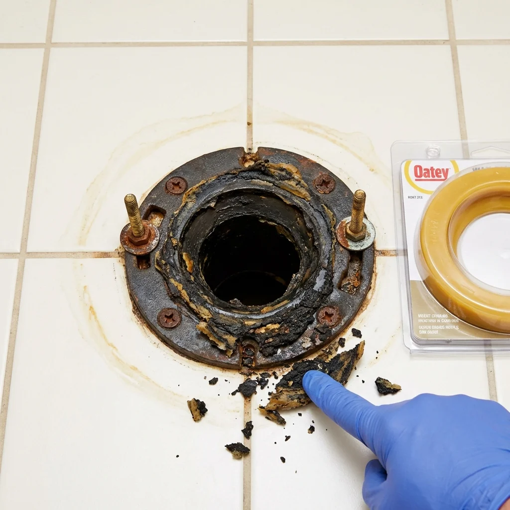 Failed wax ring showing water seepage at the base of a toilet in a Advance, NC home