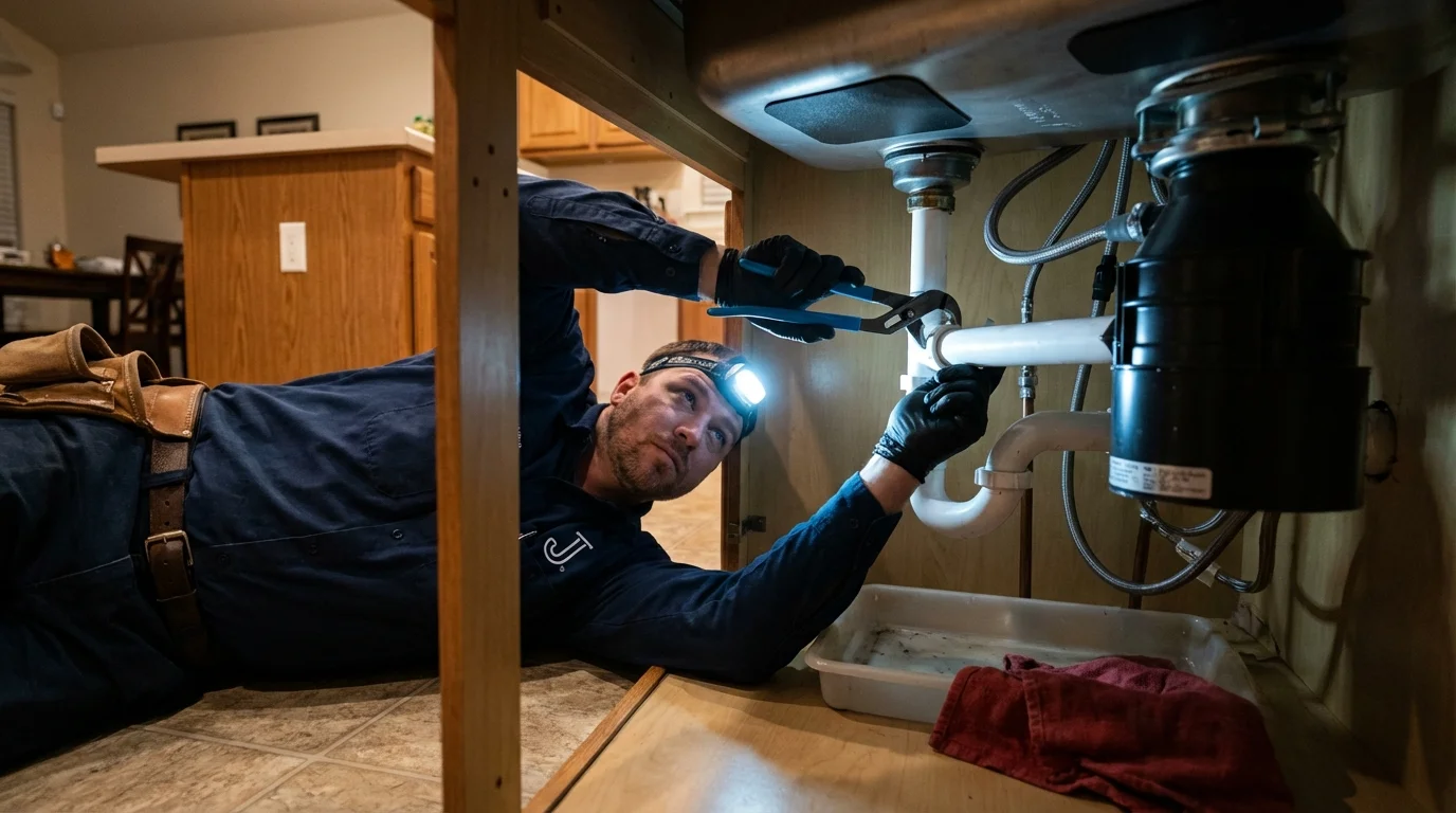 P-trap and supply line connections under a kitchen sink showing a common leak point in Advance, NC